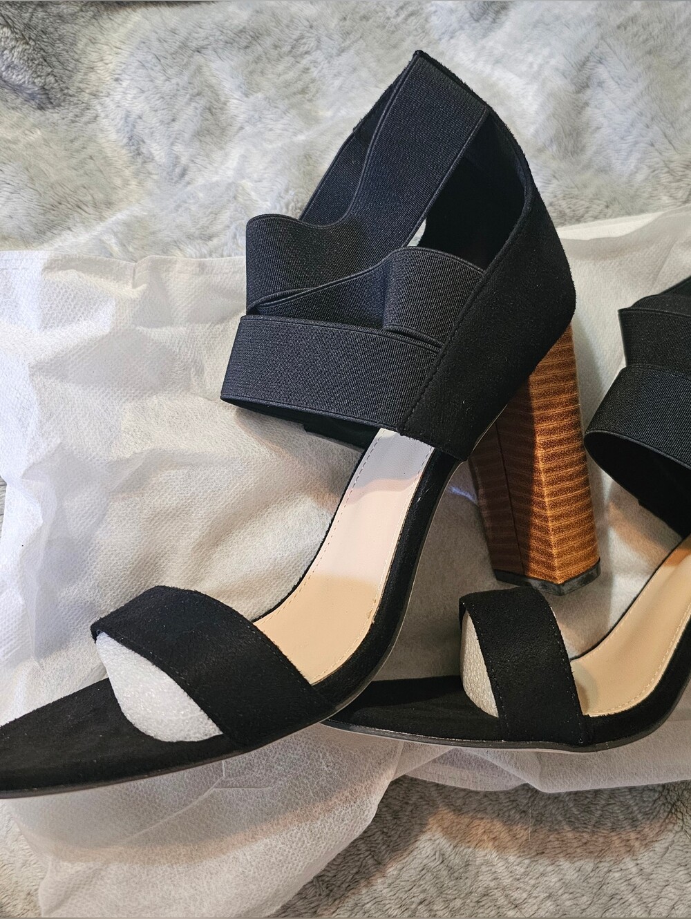 Black Elastic Strap Block Heel Sandals